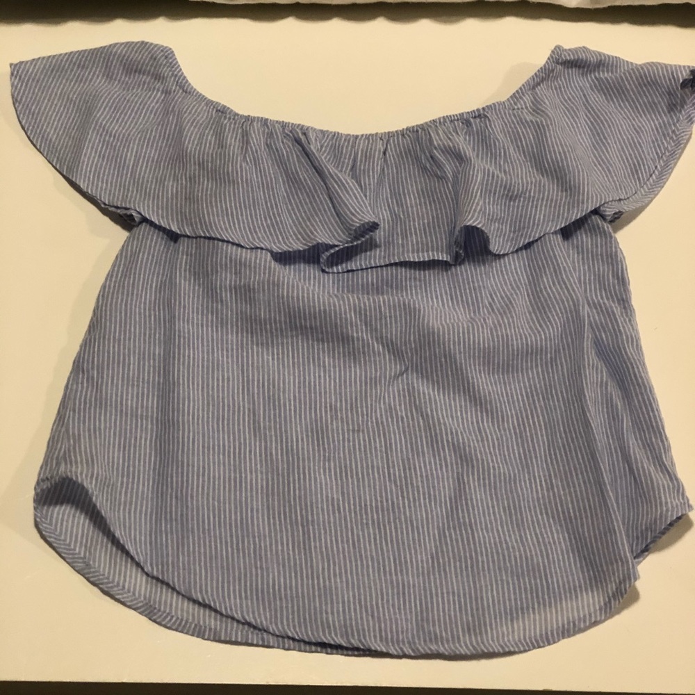 Off the shoulder blue white striped blouse